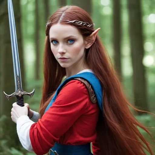 Prompt: A female elf with very long reddish brown  hair, blue eyes , wearing red clothing and holding a sword