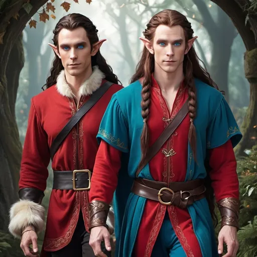 Prompt: A tall male elf with very long reddish brown  hair, blue eyes , wearing red clothing and walking   beside a male elf with very long  black  hair that is braided with gold ribbon, blue eyes