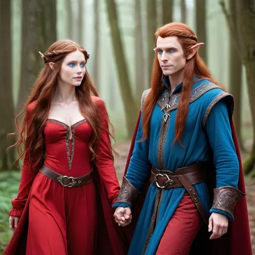 Prompt: A female  with very long reddish brown  hair, blue eyes , wearing red clothing and walking beside a tall male elf with very long red hair, blue eyes and wearing a red clothing