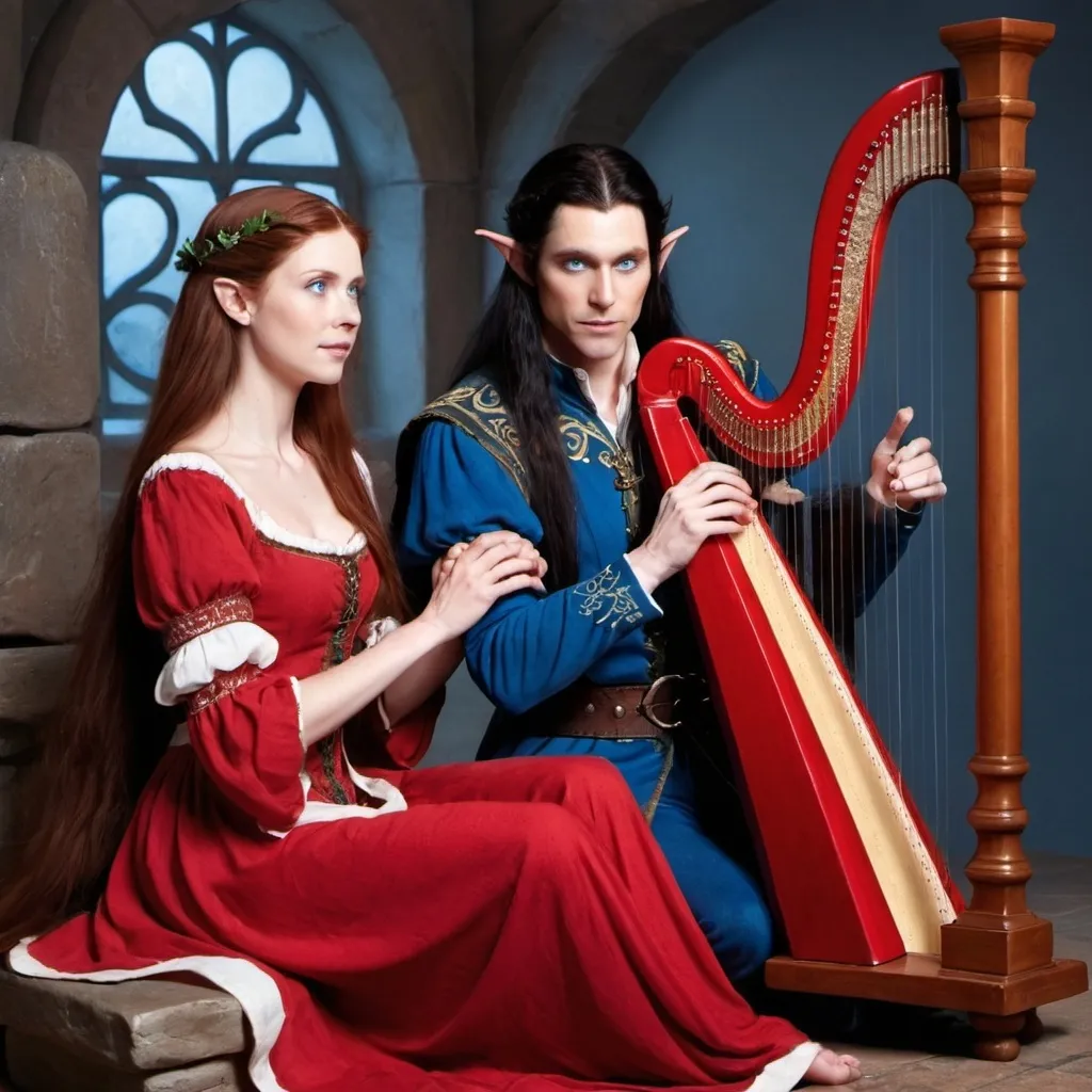 Prompt: A female  with very long reddish brown  hair, blue eyes , wearing red clothing and standing  beside a male elf with very long  black  hair, blue eyes ,wearing a red clothing who is sitting down playing a harp