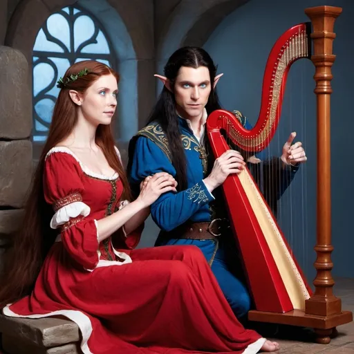 Prompt: A female  with very long reddish brown  hair, blue eyes , wearing red clothing and standing  beside a male elf with very long  black  hair, blue eyes ,wearing a red clothing who is sitting down playing a harp