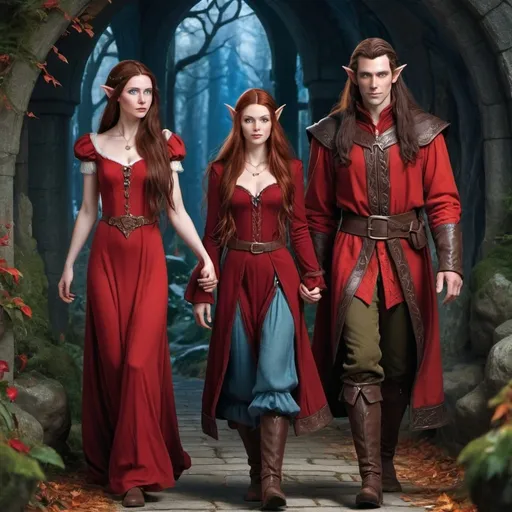 Prompt: A female  with very long reddish brown  hair, blue eyes , wearing red clothing and walking beside a tall male elf with very long dark brown hair, blue eyes and wearing a red clothing