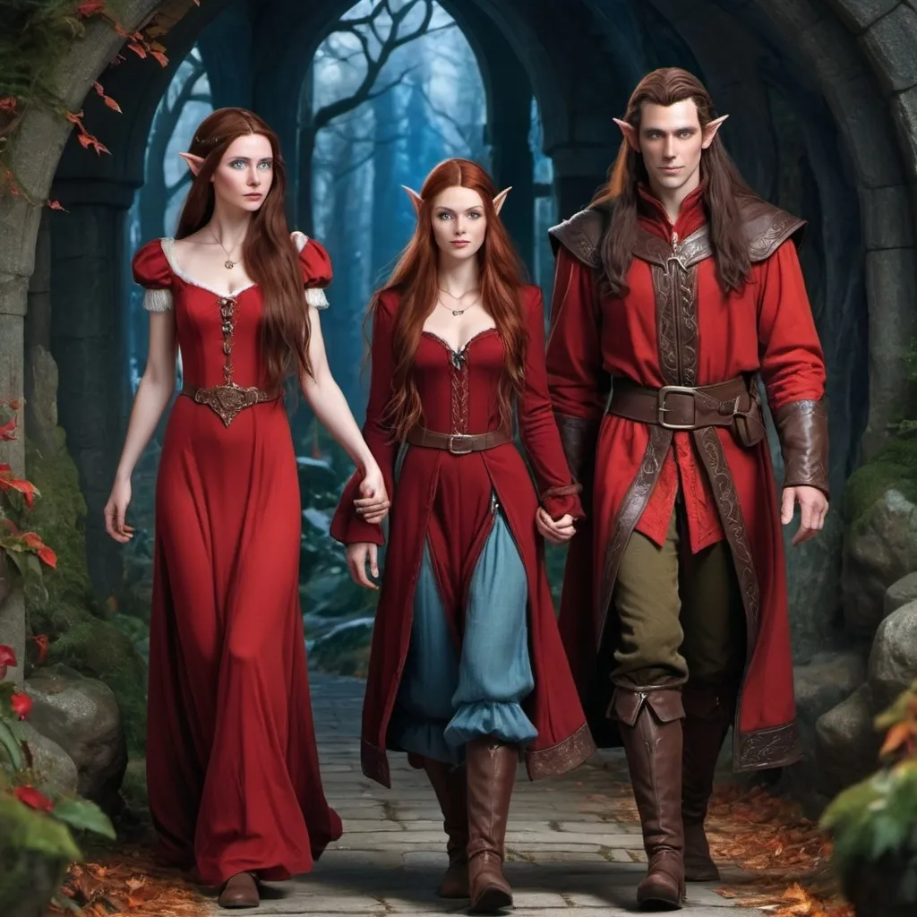 Prompt: A female  with very long reddish brown  hair, blue eyes , wearing red clothing and walking beside a tall male elf with very long dark brown hair, blue eyes and wearing a red clothing