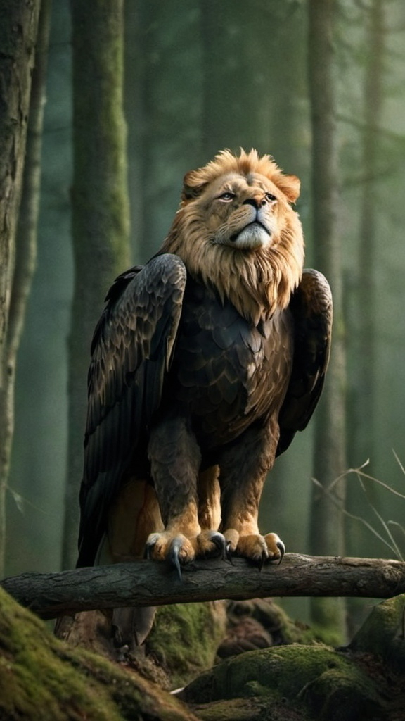 Prompt: Eagle-lion hybrid in a mystical forest, animal hybrid of an eagle and a lion, mix of lion and eagle, high quality, atmospheric lighting