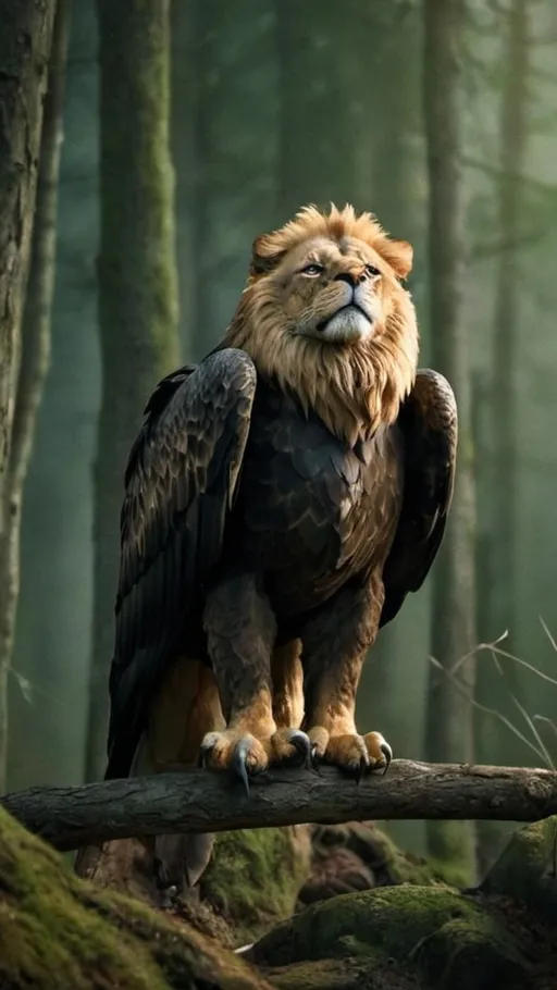 Prompt: Eagle-lion hybrid in a mystical forest, animal hybrid of an eagle and a lion, mix of lion and eagle, high quality, atmospheric lighting