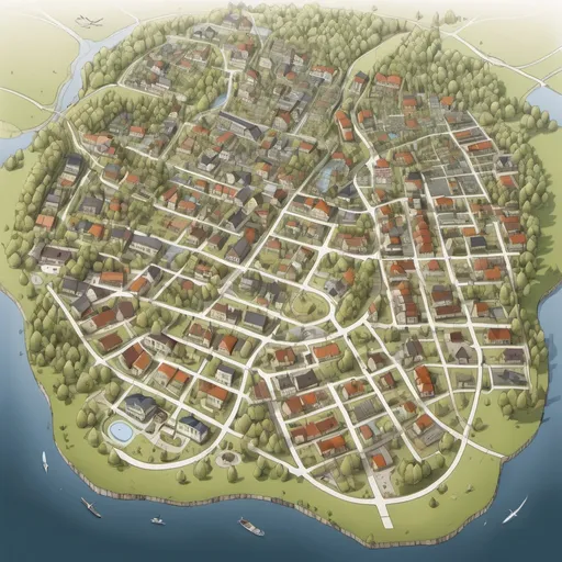 Prompt: Mapa de uma pequena cidade, que e vista de cima. Com varias casas juntas, parques, escolas, mercados e hospitais. Essa cidade sera perto de uma pequena floresta, e nessa floresta tera uma casa bem afastada da cidade, uma casa grande com jardim e  um lago

