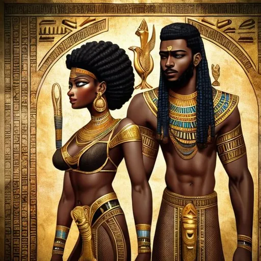 Prompt: Attractive black Egyptian king and his black Egyptian queen, ancient Egyptian art, high quality, detailed, regal, realistic, warm tones, royal attire, ornate jewelry, serene expressions, ancient civilization, historical, majestic, traditional, romantic lighting