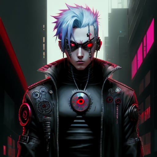 Prompt: Cyberpunk man character with sharingan and with a knife