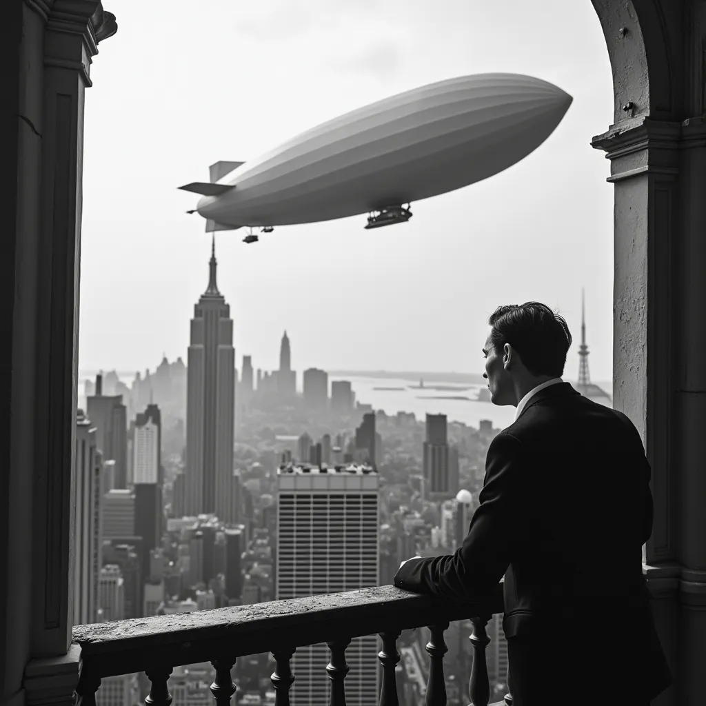 Prompt: Imagine a black and White photo in dieselpunk style of a man in a balcony lookjng out on a Metropolitan Skyline with a zeppelin flying above It.