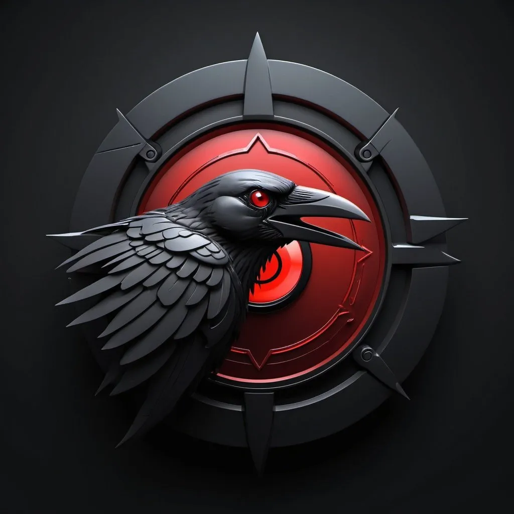 Prompt: 3D logo design with crow and sharingan, black background, high quality, 3D rendering, intense red sharingan, sleek design, professional, all black, detailed feathers, futuristic, highres, ultra-detailed, dark tones, atmospheric lighting