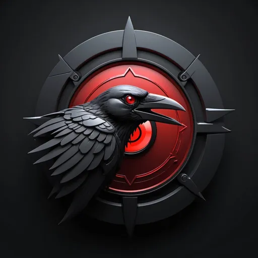 Prompt: 3D logo design with crow and sharingan, black background, high quality, 3D rendering, intense red sharingan, sleek design, professional, all black, detailed feathers, futuristic, highres, ultra-detailed, dark tones, atmospheric lighting