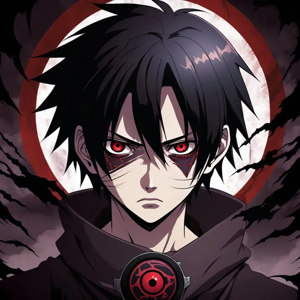Prompt: 2D dark anime illustration of a boy with Sharingan, black hair in an intense scene, detailed eyes, cool tones, anime, intense gaze, dark and mysterious, detailed hair, professional, atmospheric lighting