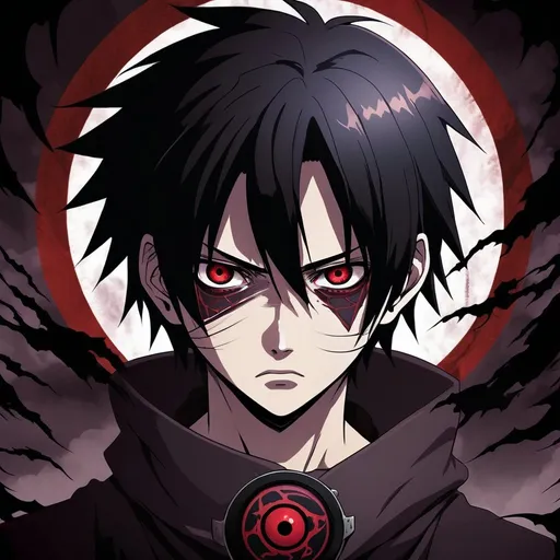 Prompt: 2D dark anime illustration of a boy with Sharingan, black hair in an intense scene, detailed eyes, cool tones, anime, intense gaze, dark and mysterious, detailed hair, professional, atmospheric lighting