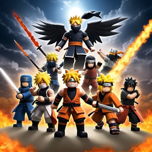 Prompt: I'd like a cover design for my Roblox battle game, inspired by Naruto. The characters should be styled like Roblox avatars and depicted in an intense battle on a grand battlefield set in the heavens."