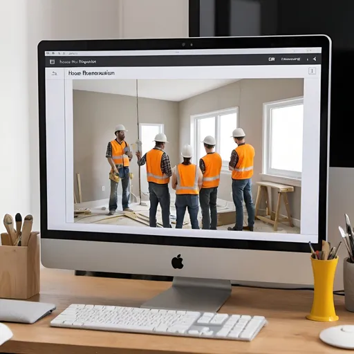 Prompt: a computer showing a group of workers  doing house renovation