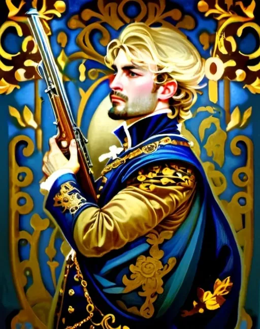 Prompt: A Renaissance-style portrait of an 18th-century nobleman. He is dressed in opulent, rich blue attire befitting his noble status, with intricate gold embroidery and a regal demeanor. The man poses confidently in a classic hunting portrait stance, holding a musket and being surrounded by dead trophies
