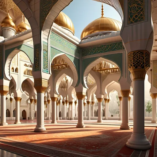 Prompt: (3D mosque) detailed architectural features, people praying in serene atmosphere, vibrant colors, intricate patterns, (golden domes) illuminated with soft light, graceful arches, peaceful ambiance, lush greenery surrounding the mosque, (high-definition) ultra-detailed design, perfect balance of spirituality and art, inviting sense of tranquility and community.