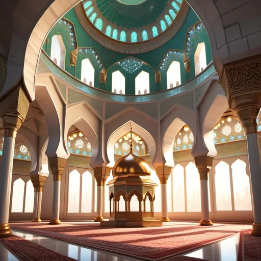 Prompt: (3D mosque) detailed architectural features, people praying in serene atmosphere, vibrant colors, intricate patterns, (golden domes) illuminated with soft light, graceful arches, peaceful ambiance, lush greenery surrounding the mosque, (high-definition) ultra-detailed design, perfect balance of spirituality and art, inviting sense of tranquility and community.