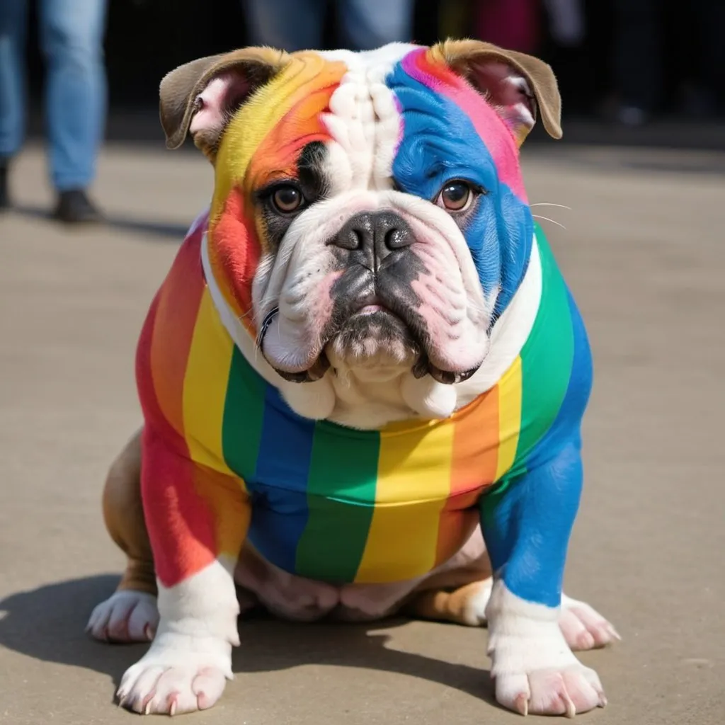 Prompt: British bulldog with gay features and dressed in the rainbow flag