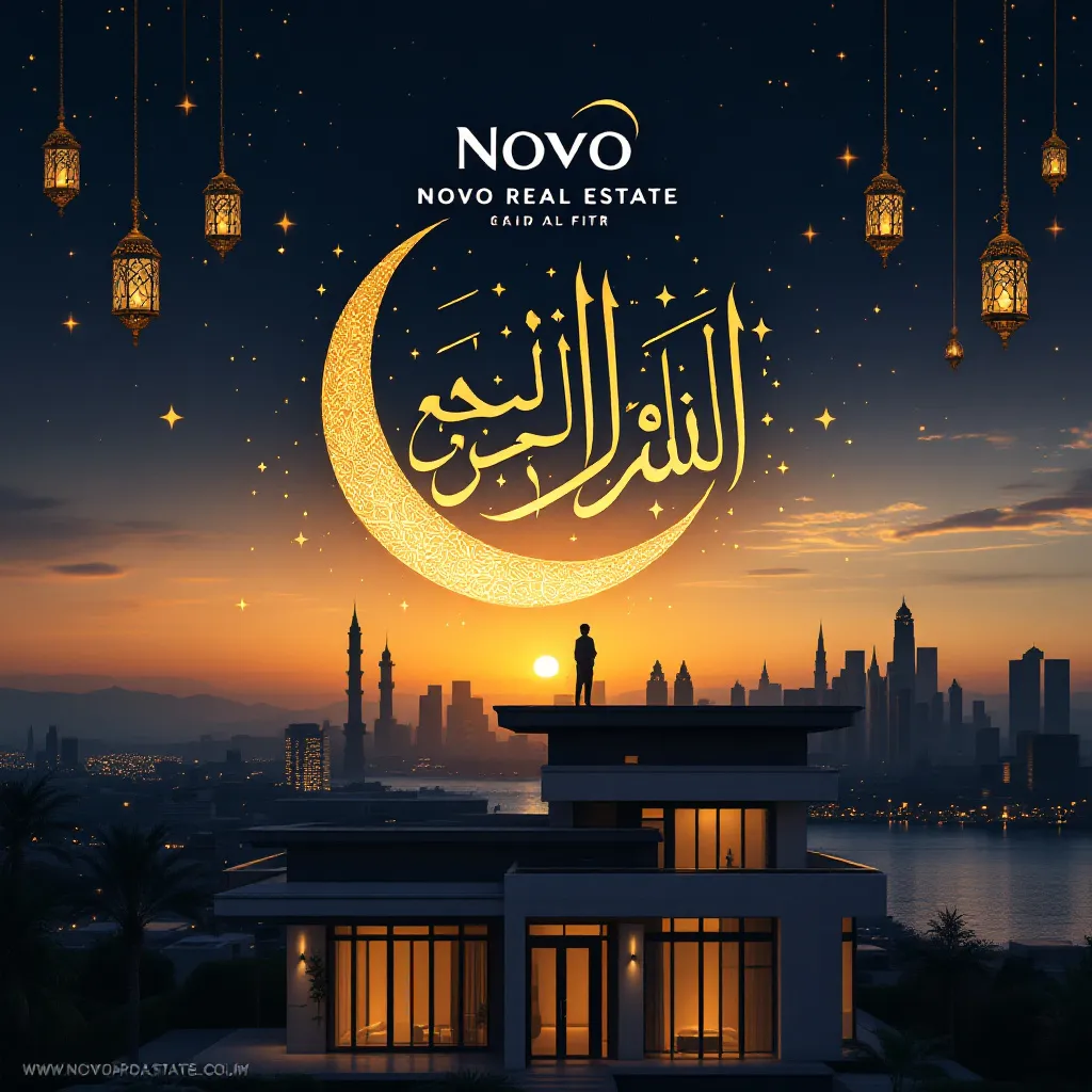 Prompt: "Generate a high-quality Eid al-Fitr greeting image with the text 'عيد فطر مبارك' or 'عيد سعيد' in elegant Arabic calligraphy. The design should feature festive Islamic elements such as crescent moons 🌙, lanterns 🏮, and stars ⭐️ on a luxurious background with deep blue and gold tones. Incorporate subtle real estate elements like a city skyline or a modern home silhouette. Ensure that the company name 'Novo Real Estate' is prominently displayed in a stylish and professional manner."
