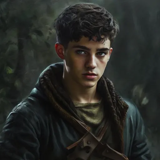 Prompt: realistic oil paint masterpiece of male rogue young adult fantasy short dark hair 