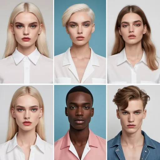 Prompt: 4 different editorial fashion campaigns of a fictitious brand. Each campaign has a similar composition, colour story and clothing. Each campaign features a different model: one white transgender male model, one white transgender female model, one white cisgender female model and one white cisgender male model. The campaigns should be photorealistic
 