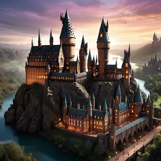 Prompt: Global view of Harry Potter world, magical landscape, iconic wizarding architecture, Hogwarts castle, Quidditch pitch, vibrant and mystical atmosphere, high-quality, magical realism, detailed landscape, enchanting color palette, ethereal lighting, fantasy, magical, detailed architecture, picturesque, enchanting, mystical, vibrant, highres, atmospheric lighting