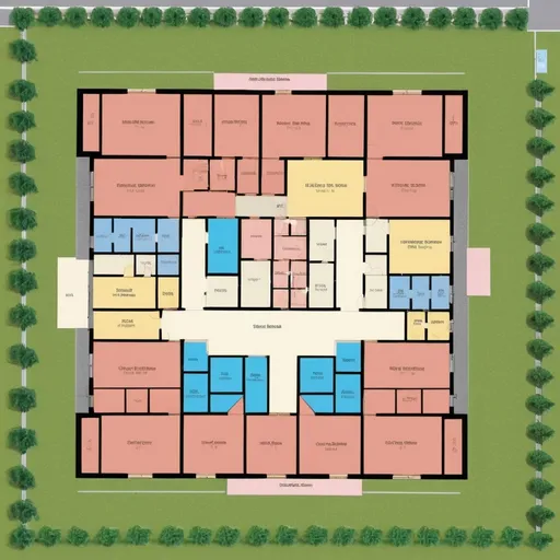 Prompt: 2D floor plan for School building of 16 number classes ,5 nos laboratory, principal room 2 nos with attached toilet, teacher's common room with attached toilet, library,4 nos block each 5 nos toilet, recreational room with indoor sports facilities.Create 3 storey School building.