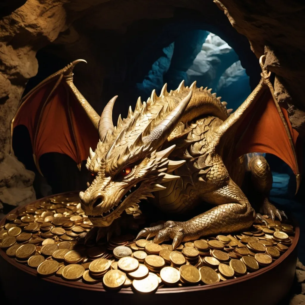 Prompt: long shot, far away, huge venerable ancient sleeping dragon Smaug, asleep:: sleeping on top of ancient gold coins, jewels, gems, treasure chests, inside a vast cavern, filled with treasure