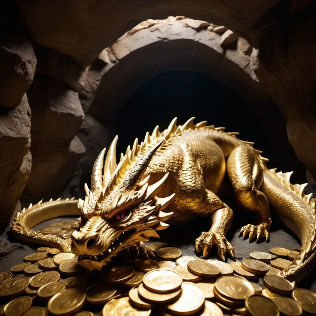 Prompt: long shot, far away, huge venerable ancient sleeping dragon Smaug, asleep:: sleeping on top of ancient gold coins, jewels, gems, treasure chests, inside a vast cavern, filled with treasure