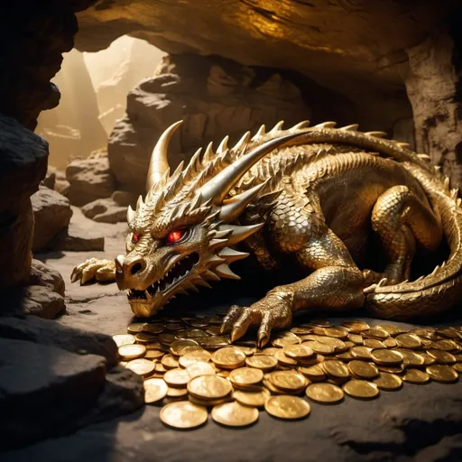 Prompt: long shot, far away, huge venerable ancient sleeping dragon Smaug, asleep:: sleeping on top of ancient gold coins, jewels, gems, treasure chests, inside a vast cavern, filled with treasure