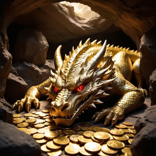 Prompt: long shot, far away, huge venerable ancient sleeping dragon Smaug, asleep:: sleeping on top of ancient gold coins, jewels, gems, treasure chests, inside a vast cavern, filled with treasure