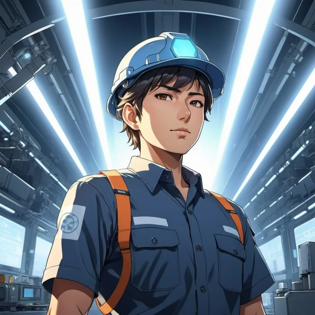 Prompt: Japanese anime illustration of a proud field service engineer in the foreground, radiant light rays, professional, confident stance, detailed face, futuristic tech accessories, high quality, anime style, bright and radiant lighting