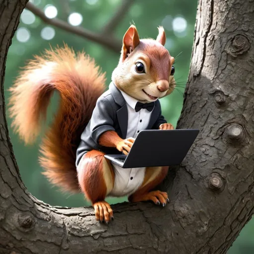 Prompt: an animated squirrel that is a spy is working from home in a tree in a software development role