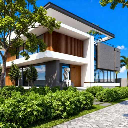 Prompt: A photorealistic architectural rendering of a modern luxury residential building, featuring clean white stucco/plaster surfaces, rich warm brown wood paneling (vertical slats and soffits), and highly reflective glass elements with clear transparency. The lighting should be bright natural daylight, creating distinct but soft shadows, and enhancing reflections on glass and other polished surfaces. The sky should be a vibrant, clear blue with minimal or no clouds. Landscaping includes lush, dense, and well-manicured green shrubs in the foreground, and mature, leafy trees (including palm trees where appropriate) framing the building, with a variety of green tones. The paving for driveways and walkways should be textured grey paving stones. The overall mood is bright, inviting, and opulent."