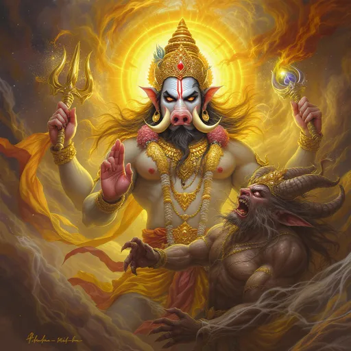 Prompt: “A mythological painting of the Varaha avatar, the boar-headed Vishnu deity, wearing golden ornate armor and a divine crown, triumphantly overpowering the demon Hiranyaksha with his tusks. Varaha’s intense, fierce expression and the demon’s agonized face, all surrounded by a golden divine aura. The background is dramatic, filled with swirling, fiery clouds and intense light, creating an epic, cinematic style reminiscent of traditional Indian mythological paintings. The painting is rich in details, highlighting the grandeur of Varaha’s form and the fear in Hiranyaksha’s eyes.”
