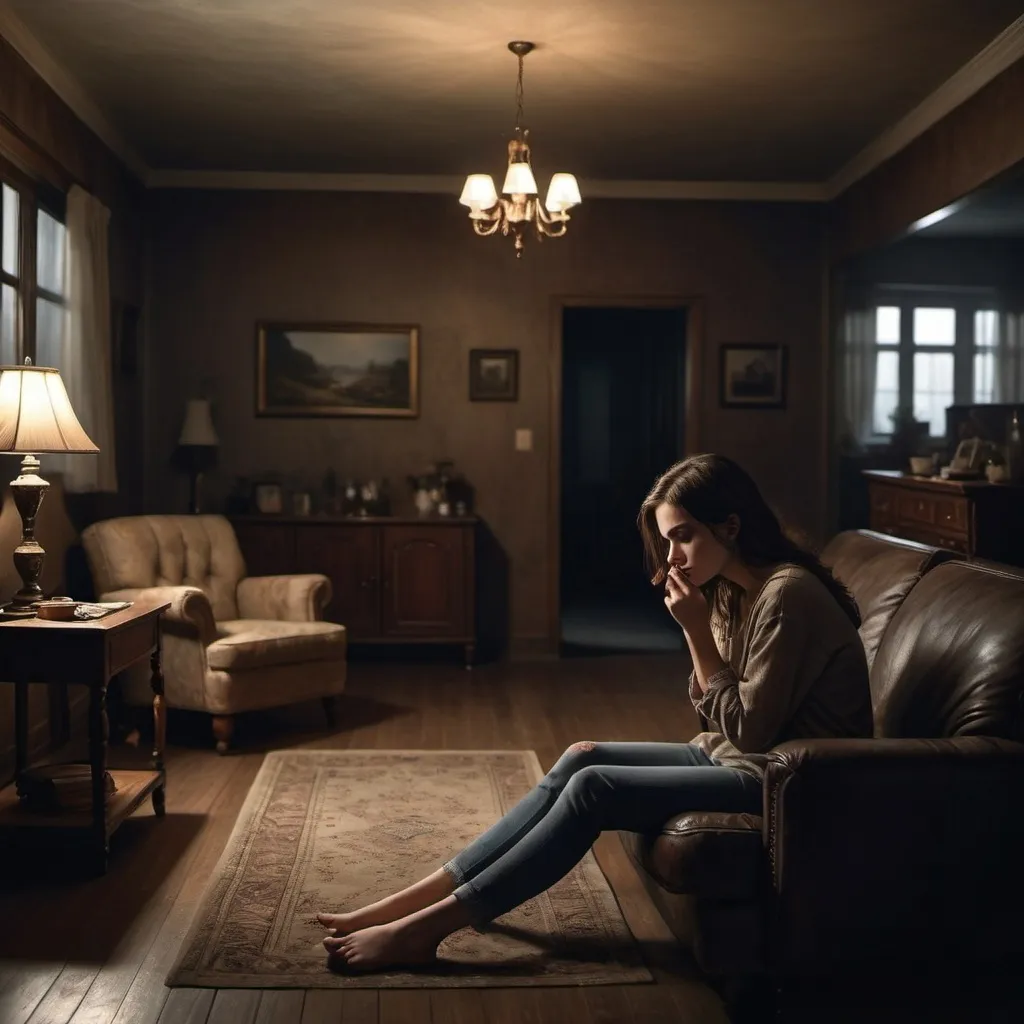 Prompt: A desperate young woman with brown hair sitting down in a big dark living room with her selphone in one of her hands
The photo is taken from a far perspective 