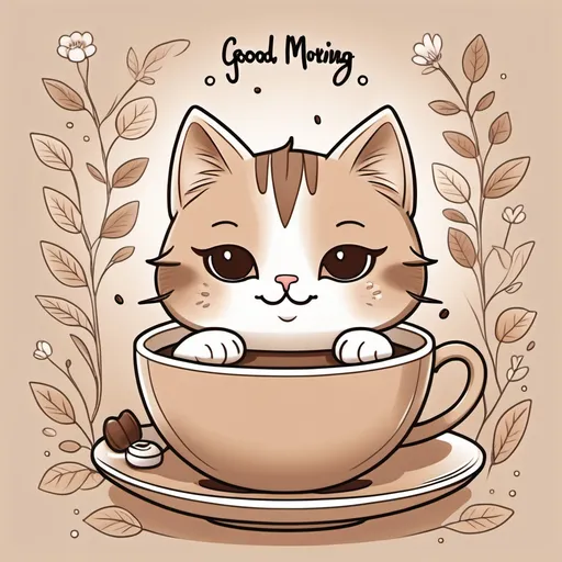 Prompt: A cute cat in pastel shades of brown in kawaii coloring book style, with simple and hand-drawn traits, without realism. Subtle details such as coffee cups, keeping the aesthetic cozy and elegant, a sign saying "Good Morning" across the top