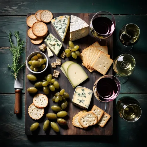 Prompt: Cheese and wine spread on dark green wooden board, overhead shot, gourmet food photography, high resolution, detailed textures, moody lighting, rustic, food styling, wine glasses, assorted cheeses, pickles, crackers, rich colors