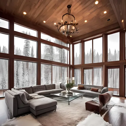 Prompt: large glass windows cozy  large living room with a snowfall view and modern furniture and a tv