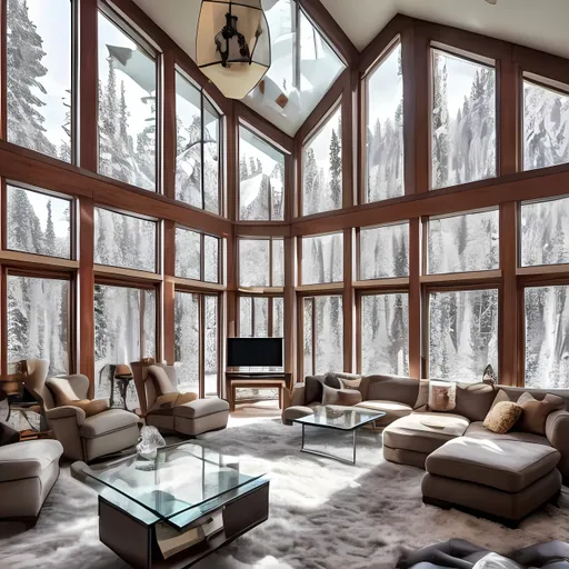 Prompt: large glass windows cozy  large living room with a snowfall view and modern furniture and a tv