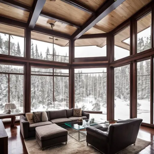 Prompt: large glass windows cozy  large living room with a snowfall view and modern furniture and a tv