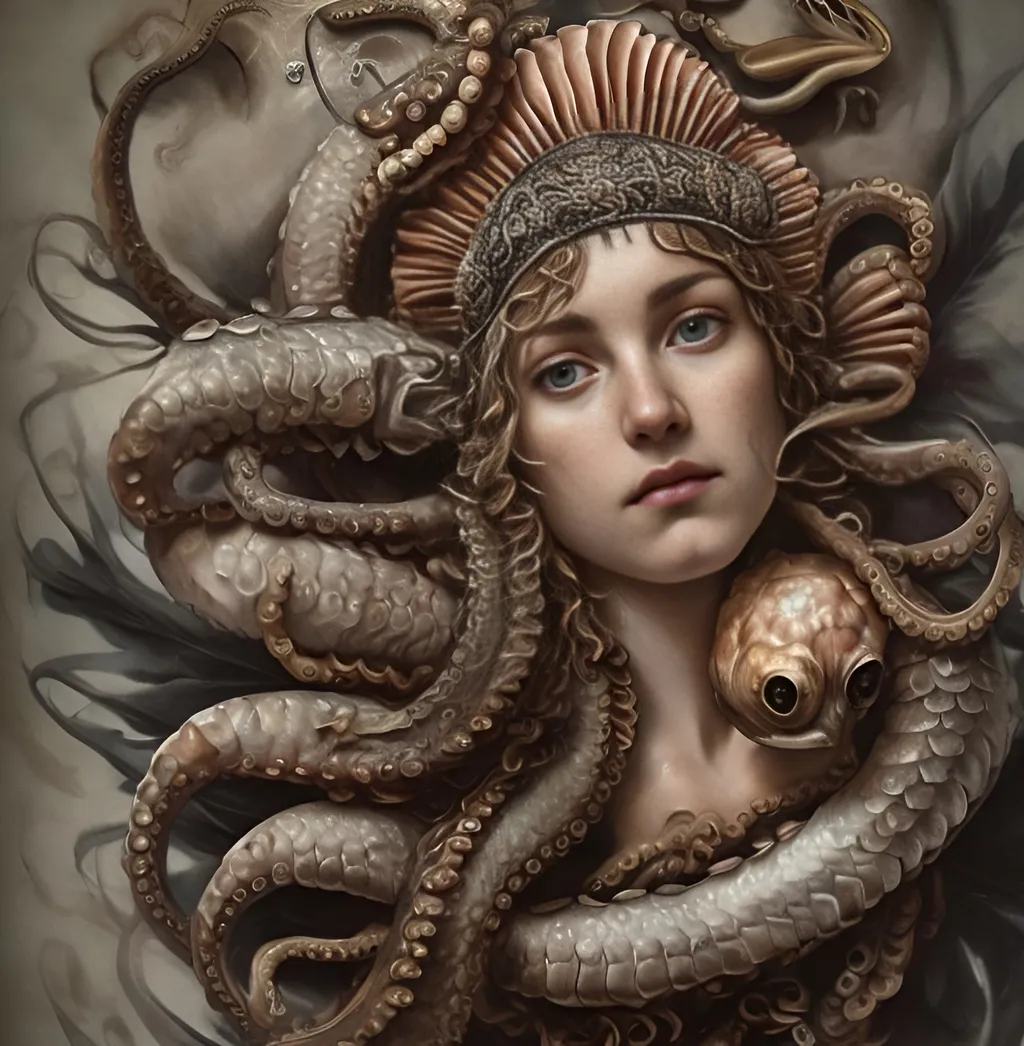 Prompt: baroque,  catholic cross, chiaroscuro, fisherwoman, realistic  scallop, realistic remora,  realistic fish, realistic octopus arms, saint, Amerindian feather headdress
