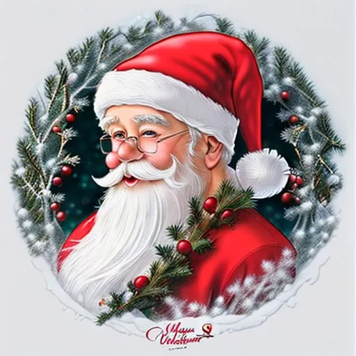 Prompt: Christmas; very happy and friendly Santa Claus; a lot of snow; small olive branch; drawn with graphite pencil; anatomically correct; background with snow landscape and pine trees; holly with red berries. 