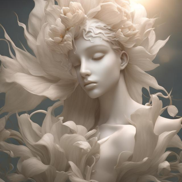 Prompt: flower, Heaven, female, nature hair, fade, buffed, Lifegiver, beautiful, white, realistic, bright, gold, god-like figure, serene, soft colour