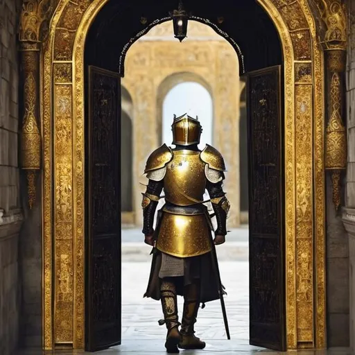 Prompt: man, dream that I am a knight-errant in the palace of happiness, tired and wavering with broken armor and a broken sword, I knock on the golden door of a palace. Inside the doors is full of pain, loneliness, darkness and sadness