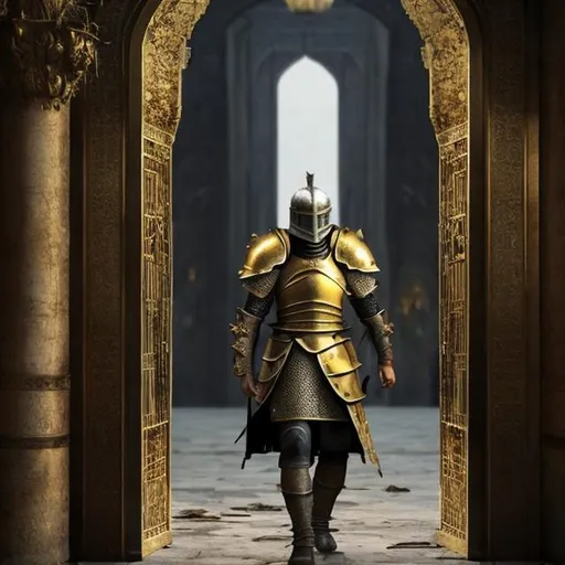 Prompt: man, dream that I am a knight-errant in the palace of happiness, tired and wavering with broken armor and a broken sword, I knock on the golden door of a palace. Inside the doors is full of pain, loneliness, darkness and sadness