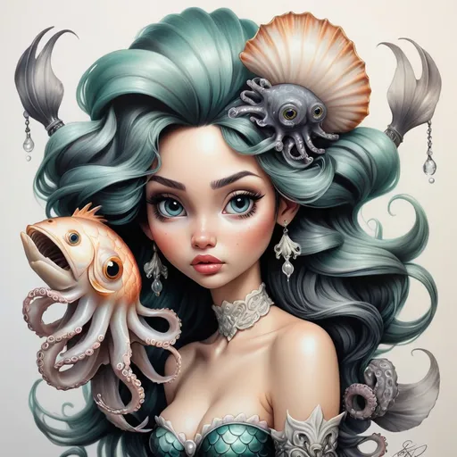 Prompt: beautifil mermaid portraits, with realistic scallop, with realistic fish, with realistic octopus arms, saint, hair feather headdress, baroque pencil drawing, black & withe pencil draw 