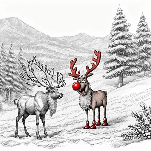 Prompt: Christmas; very happy and friendly Santa Claus next to a friendly reindeer; a lot of snow; small olive branch; drawn with graphite pencil; anatomically correct; background with snow landscape and pine trees; holly with red berries. 