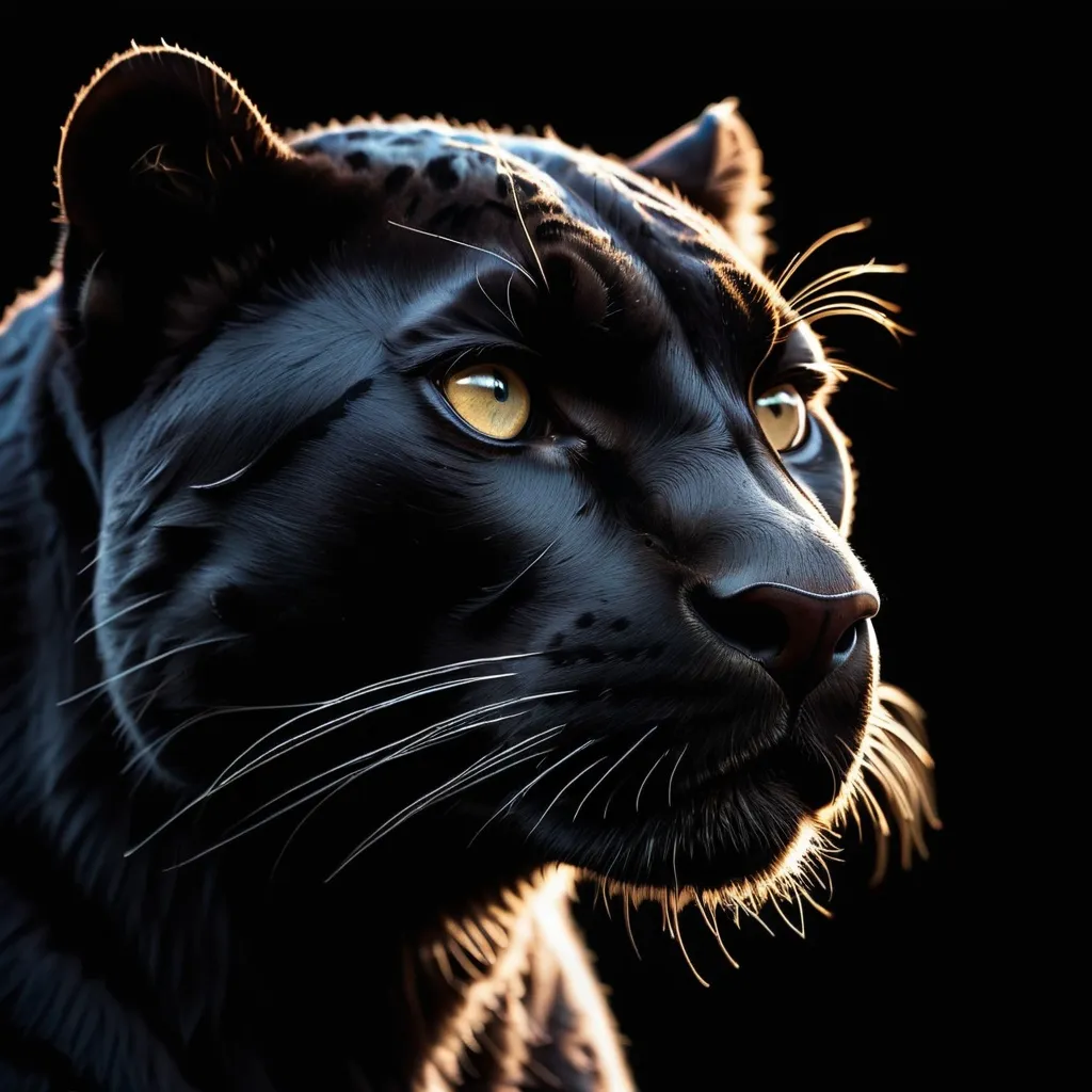 Prompt: low key, photo realistic wild black panther, silhouette, black background, stunning photography, high resolution, silhouette, moonlight, realistic fur, no humans